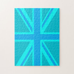 Vibrant Turquoise Union Jack British Flag Jigsaw Puzzle