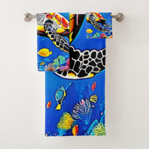 Vibrant Turtle Reef Life Bath Towel Set