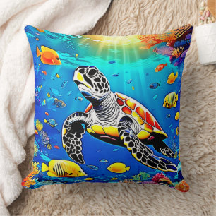 Vibrant Turtle Reef Life Throw Pillow