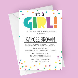 Vibrant Typography 'It's a Girl' Baby Shower Invitation