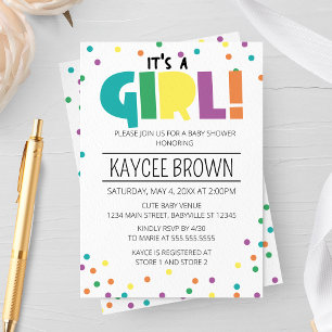 Vibrant Typography 'It's a Girl' Baby Shower Invitation