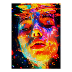 Vibrant Underwater Female Portrait Oil Painting Poster