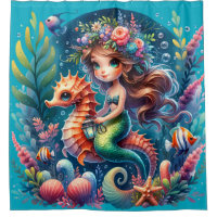 “Vibrant Underwater Mermaid Riding Seahorse"