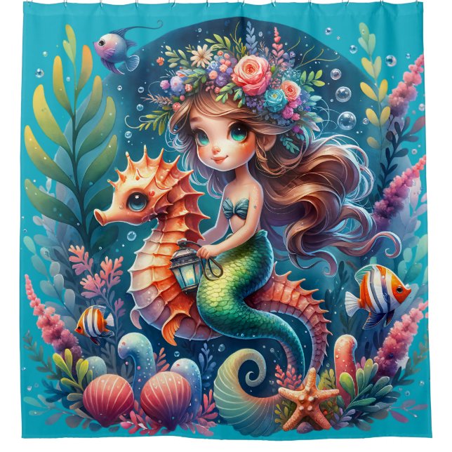 “Vibrant Underwater Mermaid Riding Seahorse" (Front)
