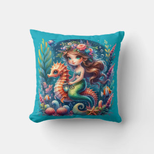 “Vibrant Underwater Mermaid Riding Seahorse" Throw Pillow