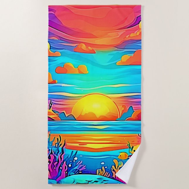 Vibrant Underwater Sunset Artwork Beach Towel (Front)