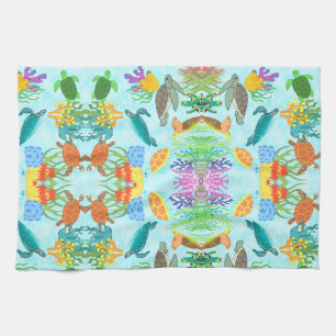 Vibrant underwater turtles and corals kitchen towel
