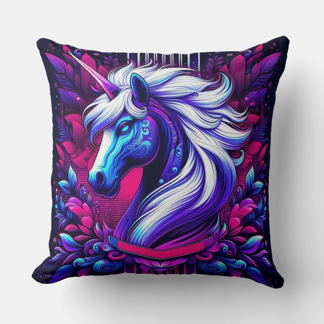 Vibrant Unicorn With Floral Elements Throw Pillow (Front)