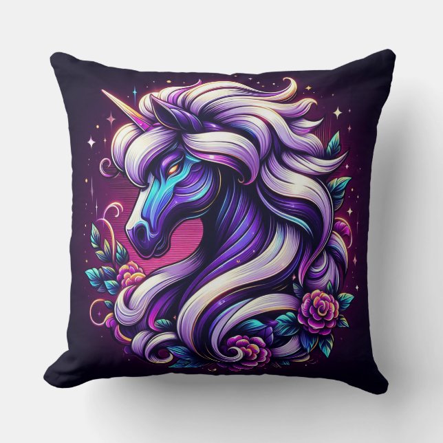 Vibrant Unicorn With Floral Elements Throw Pillow (Front)