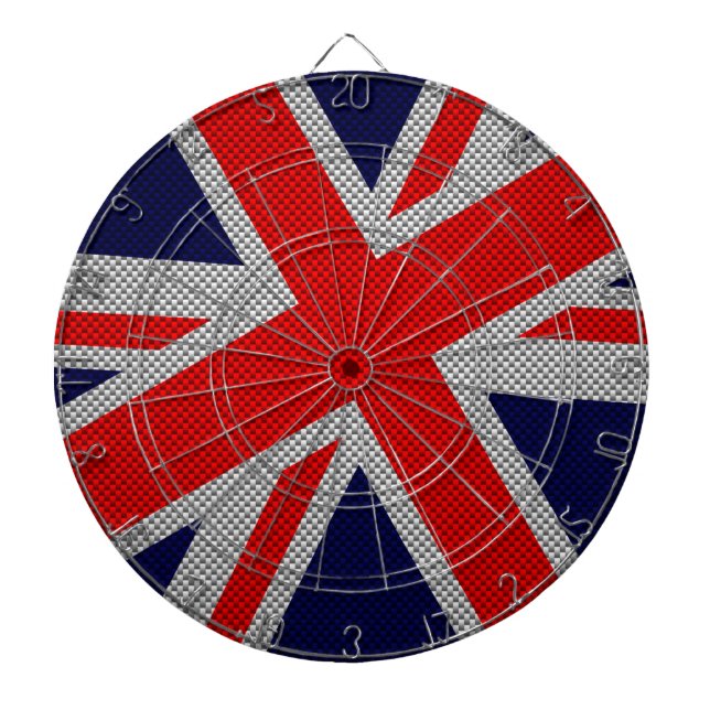 Vibrant Union Jack on Carbon Fiber Style Print Dartboard (Front)