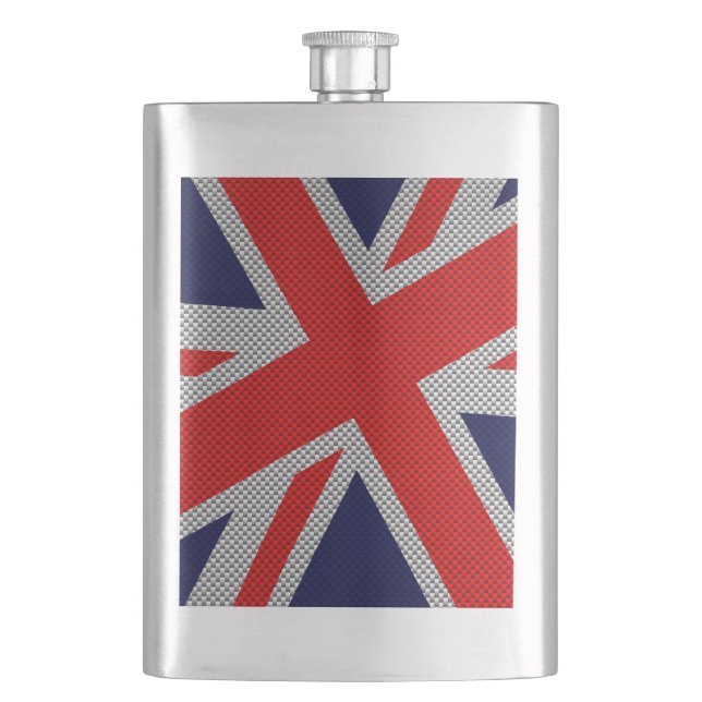 Vibrant Union Jack on Carbon Fibre Style Print Hip Flask (Front)