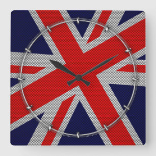 Vibrant Union Jack on Carbon Fibre Style Print Square Wall Clock