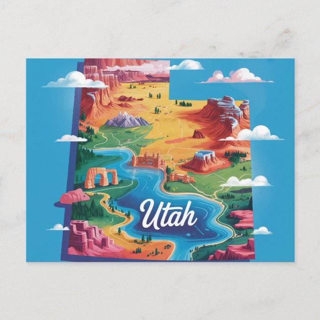 Vibrant Utah Conceptual Map Art Postcard (Front)