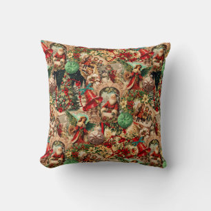 Vibrant Victorian Christmas Collage Throw Pillow