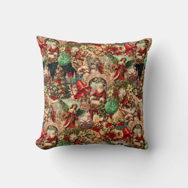 Vibrant Victorian Christmas Collage Throw Pillow (Front)