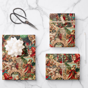 Vibrant Victorian Christmas Collage Wrapping Paper Sheet