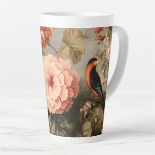 Vibrant Vintage Floral and Bird Scene Latte Mug