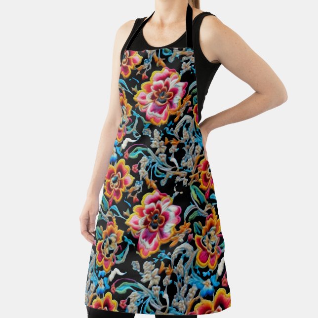 Vibrant Vintage Floral Embroidery Pattern Apron (Insitu)
