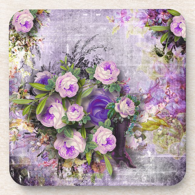 Vibrant Vintage Purple Roses green lavender 3D Coaster (Front)