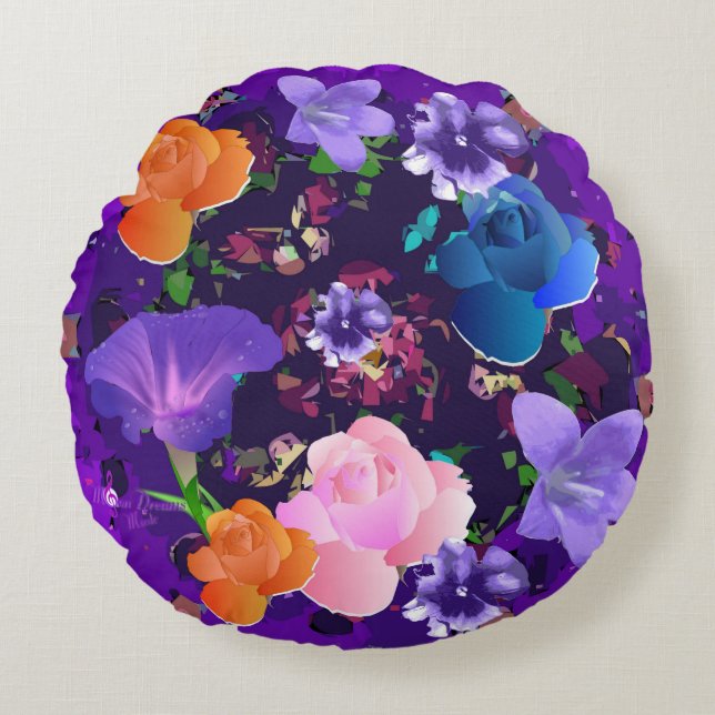 Vibrant violet Abstrait Floral Coussin ronde (Devant)