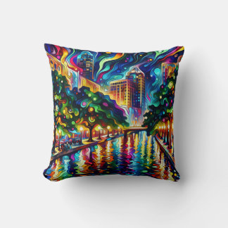 Vibrant Visions: Psychedelic San Antonio Riverwalk Throw Pillow