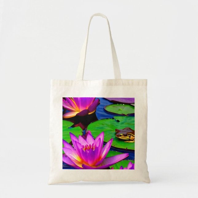 Vibrant Water Lilies Lily Pads and a Frog Tote Bag (Front)