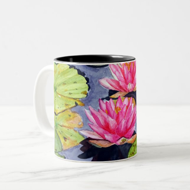 Vibrant Water Lilies on Tranquil Pond Two-Tone Coffee Mug (Front Left)