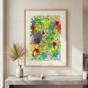 Vibrant Watercolor Abstract Floral Doodle Line Art Poster