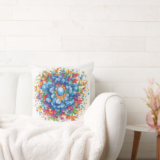 Vibrant Watercolor Blue Floral Bouquet  Throw Pillow