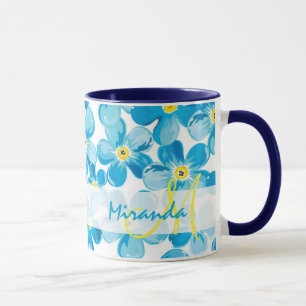 Vibrant watercolor blue forget me not flowers name mug