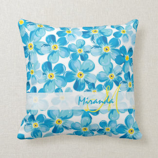 Vibrant watercolor blue forget me not flowers name throw pillow