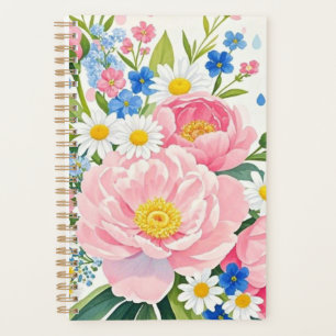 Vibrant watercolor bouquet of peonies, daisies planner