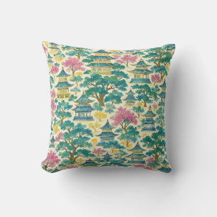 Vibrant Watercolor Chinoiserie Gold Pagoda Pattern Throw Pillow