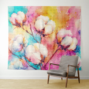 Vibrant Watercolor Cotton Flowers Geometric Style Tapestry
