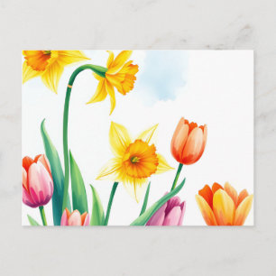 Vibrant Watercolor Daffodils and Tulips Postcard
