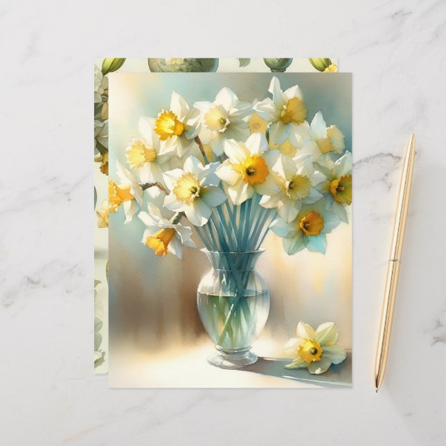 Vibrant Watercolor Daffodils Scrapbook Paper (Front/Back In Situ)