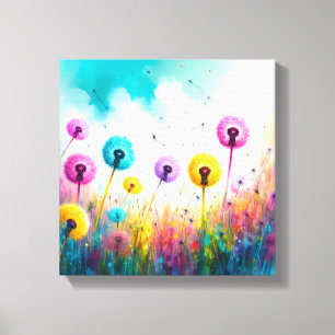 Vibrant Watercolor Dandelion Wishes   Colorful  Canvas Print