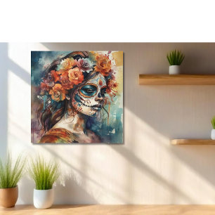 Vibrant Watercolor Dia de los Muertos Catrina Canvas Print
