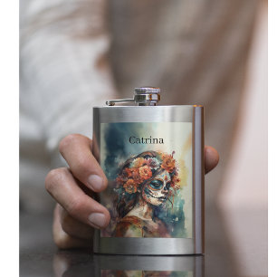 Vibrant Watercolor Dia de los Muertos Catrina Hip Flask