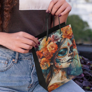 Vibrant Watercolor Dia de los Muertos Catrina Medium Gift Bag