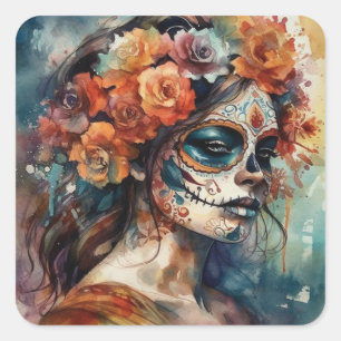 Vibrant Watercolor Dia de los Muertos Catrina Square Sticker