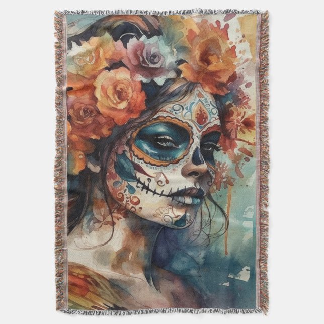 Vibrant Watercolor Dia de los Muertos Catrina Throw Blanket (Front Vertical)