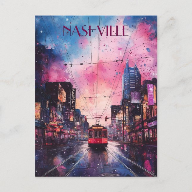 Vibrant Watercolor Downtown Nashville Postcard (Front)