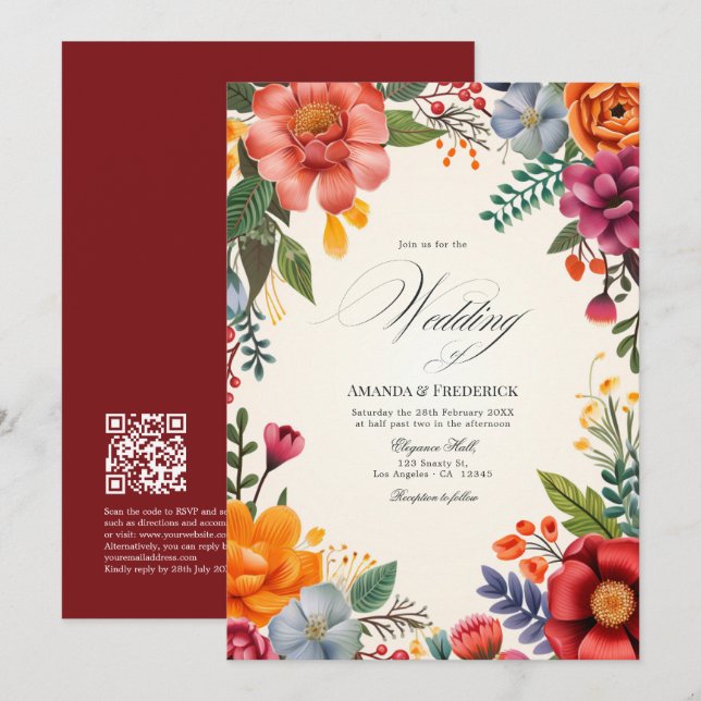Vibrant Watercolor Floral Fiesta Wedding QR Code Invitation (Front/Back)