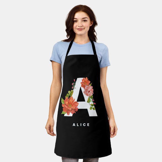 Vibrant Watercolor Floral Letter A Monogram Apron (Worn)