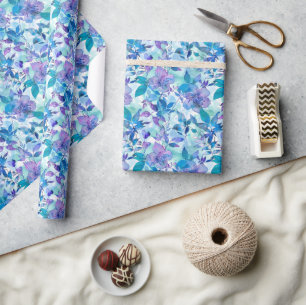 Vibrant Watercolor Floral Pattern in Blue and Teal Wrapping Paper