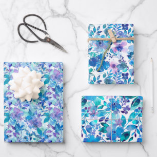 Vibrant Watercolor Floral Pattern in Blue and Teal Wrapping Paper Sheet