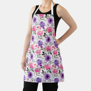 Vibrant Watercolor Floral Pattern in Pink & Purple Apron