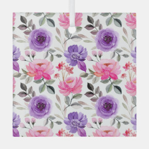 Vibrant Watercolor Floral Pattern in Pink & Purple Glass Ornament