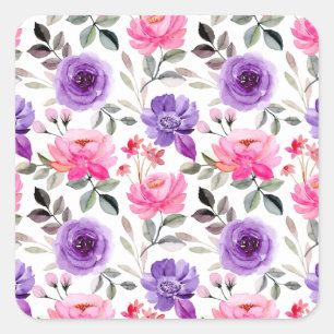 Vibrant Watercolor Floral Pattern in Pink & Purple Square Sticker